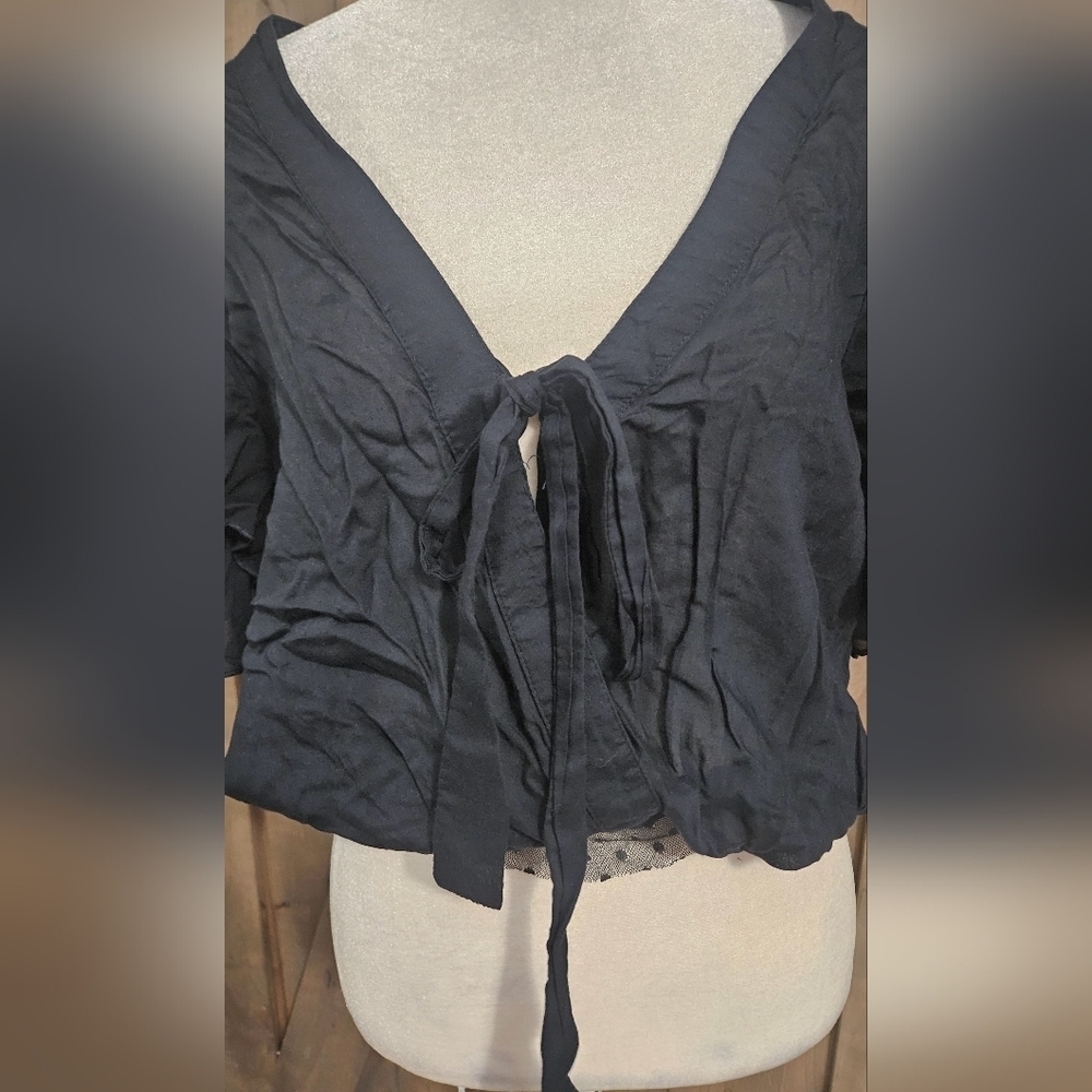 FREE PEOPLE Call Me Later Ruffle Tie Front Boho Rayon Blouse Top.Black. Size SM - Picture 15 of 16